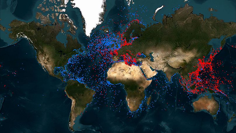 A map of sunken warships. Blue are Allied ships, red are Axis ships.