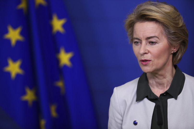 Ursula von der Leyen gives a press statement on the European Green Deal at the European Commission headquarters in Brussels, Wednesday 11 Dec 2019.