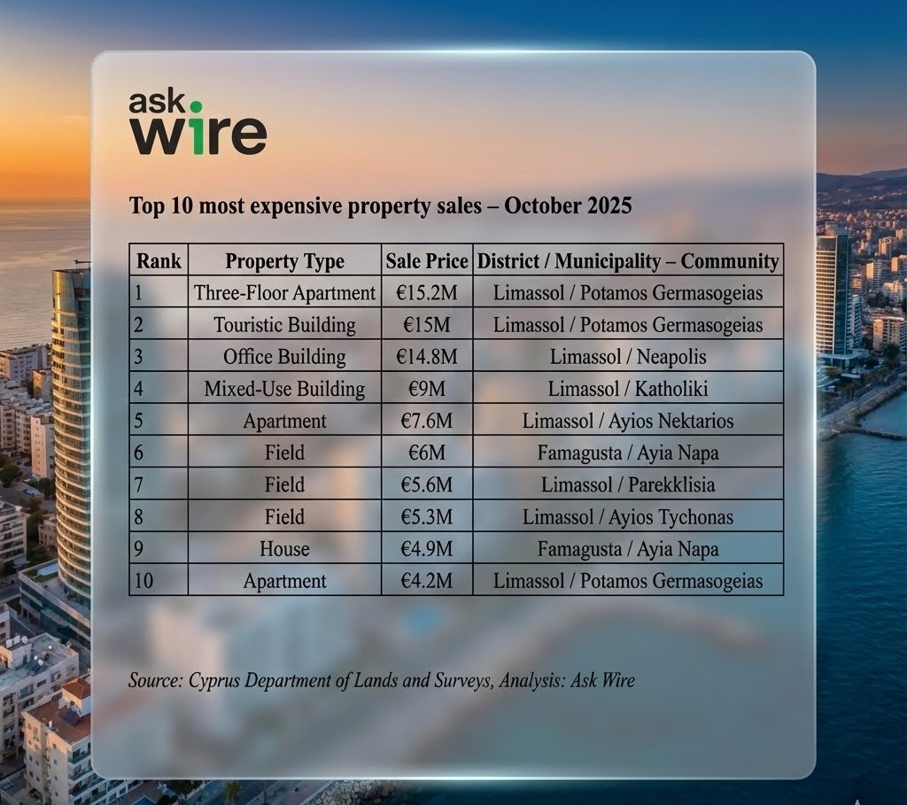 Ask Wire: Στα €87,6 εκατ. η αξία των 10 ακριβότερων πωλήσεων ακινήτων τον Οκτώβριο 2025