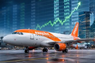 Αεροσκάφος easyJet με ανοδικό χρηματιστηριακό γράφημα στο φόντο