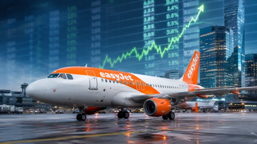 Αεροσκάφος easyJet με ανοδικό χρηματιστηριακό γράφημα στο φόντο