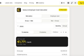 Το Carierista Salary Calculator υπολογίζει καθαρό μισθό 1.771 ευρώ από μεικτές απολαβές 2.000 ευρώ στην Κύπρο