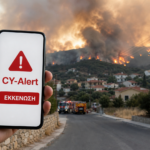 Εικονογράφηση κινητού με ειδοποίηση CY-Alert μπροστά από μεγάλη πυρκαγιά κοντά σε κοινότητα