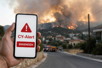 Εικονογράφηση κινητού με ειδοποίηση CY-Alert μπροστά από μεγάλη πυρκαγιά κοντά σε κοινότητα