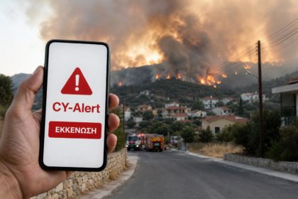 Εικονογράφηση κινητού με ειδοποίηση CY-Alert μπροστά από μεγάλη πυρκαγιά κοντά σε κοινότητα