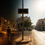 Κυπριακός αστικός δρόμος σε σύνθεση που απεικονίζει υψηλές θερμοκρασίες τη νύχτα και την ημέρα