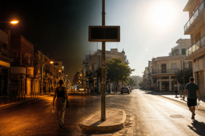 Κυπριακός αστικός δρόμος σε σύνθεση που απεικονίζει υψηλές θερμοκρασίες τη νύχτα και την ημέρα