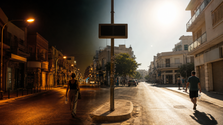 Κυπριακός αστικός δρόμος σε σύνθεση που απεικονίζει υψηλές θερμοκρασίες τη νύχτα και την ημέρα