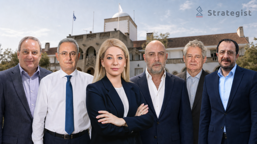 Η Αννίτα Δημητρίου, ο Νίκος Χριστοδουλίδης, ο Ανδρέας Μαυρογιάννης, ο Στέφανος Στεφάνου, ο Αβέρωφ Νεοφύτου και ο Γιώργος Παμπορίδης μπροστά από το Προεδρικό Μέγαρο