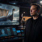 Ο Elon Musk σε κινηματογραφικό στούντιο με εικόνα αρχαίου πλοίου της Οδύσσειας σε οθόνη παραγωγής