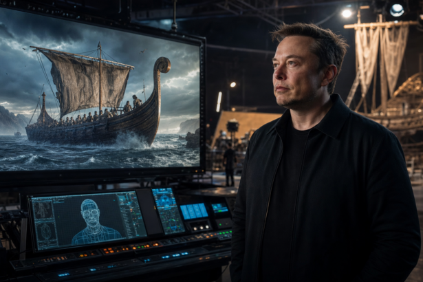 Ο Elon Musk σε κινηματογραφικό στούντιο με εικόνα αρχαίου πλοίου της Οδύσσειας σε οθόνη παραγωγής