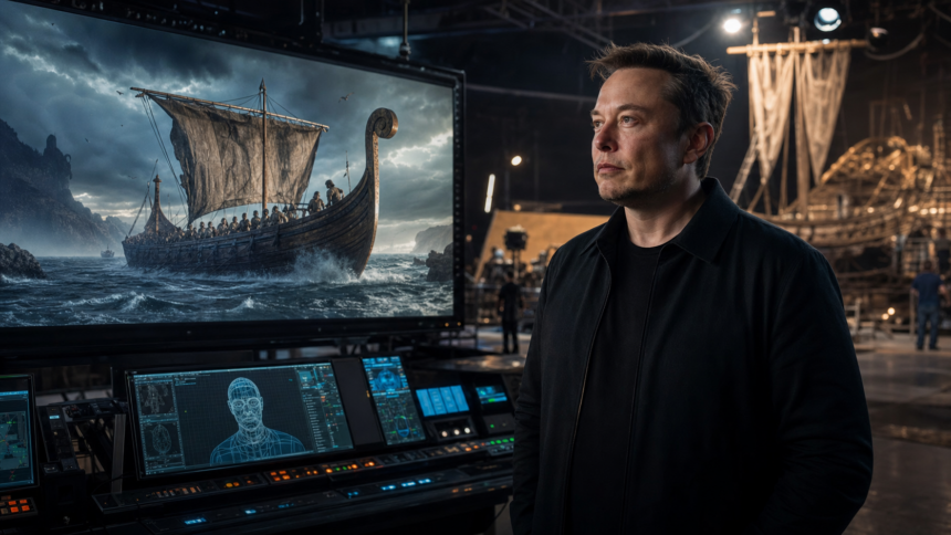 Ο Elon Musk σε κινηματογραφικό στούντιο με εικόνα αρχαίου πλοίου της Οδύσσειας σε οθόνη παραγωγής