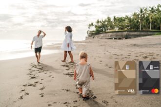 Οι premium πιστωτικές κάρτες Gold Visa και Platinum Mastercard της Eurobank μπροστά από ταξιδιωτική εικόνα