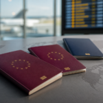 Δύο ευρωπαϊκά και ένα αμερικανικό διαβατήριο σε χάρτη μέσα σε αεροδρόμιο
