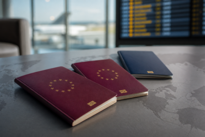 Δύο ευρωπαϊκά και ένα αμερικανικό διαβατήριο σε χάρτη μέσα σε αεροδρόμιο