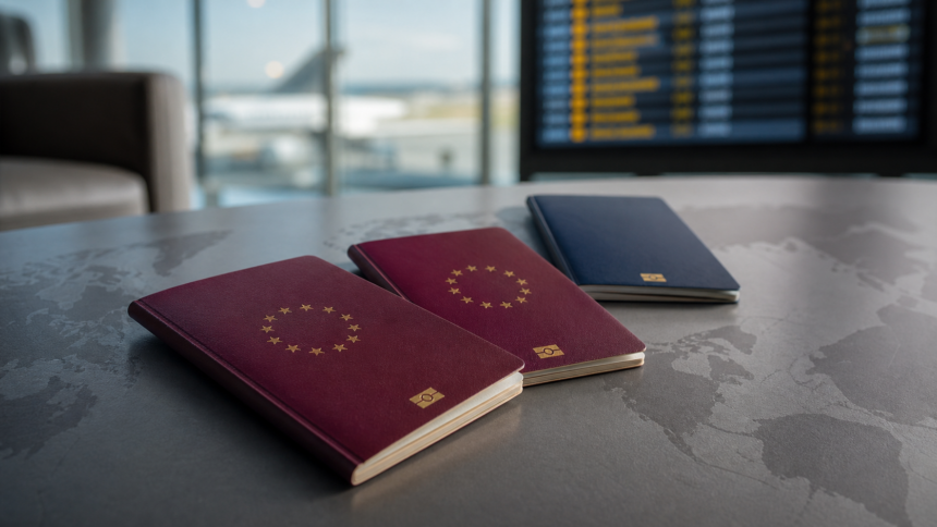 Δύο ευρωπαϊκά και ένα αμερικανικό διαβατήριο σε χάρτη μέσα σε αεροδρόμιο