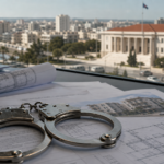 Χειροπέδες πάνω σε συμβόλαια και αρχιτεκτονικά σχέδια με φόντο τη Λάρνακα