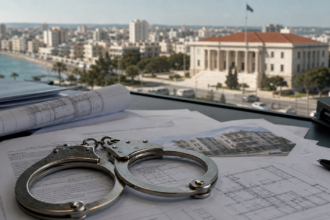 Χειροπέδες πάνω σε συμβόλαια και αρχιτεκτονικά σχέδια με φόντο τη Λάρνακα