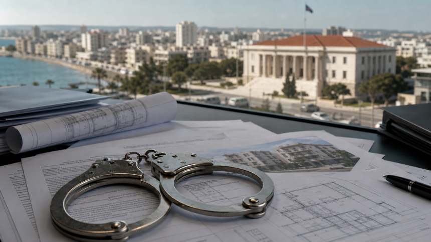 Χειροπέδες πάνω σε συμβόλαια και αρχιτεκτονικά σχέδια με φόντο τη Λάρνακα