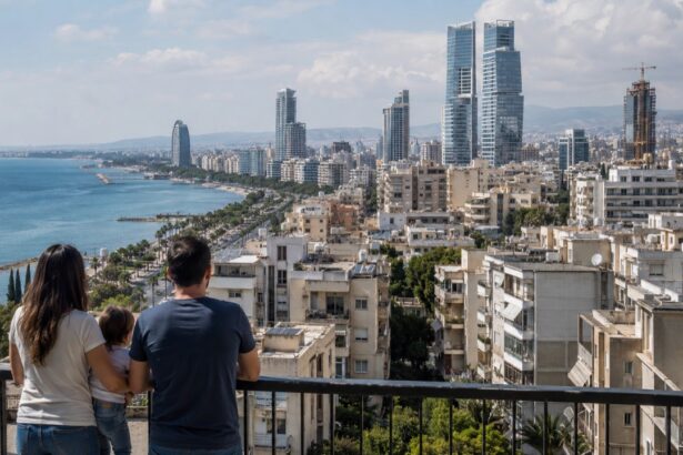 Οικογένεια κοιτάζει την πόλη της Λεμεσού και τις πολυκατοικίες της παραλιακής ζώνης