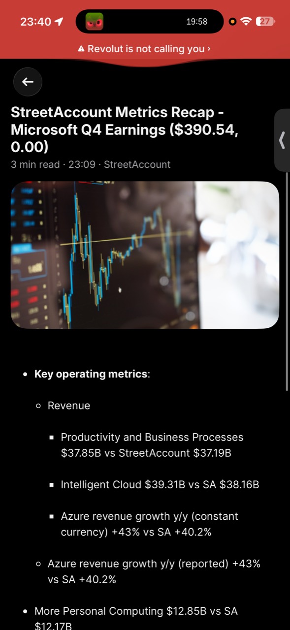 Στιγμιότυπο με τις επιδόσεις Azure, Intelligent Cloud και Productivity and Business Processes