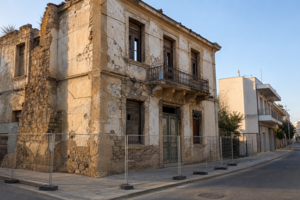 Παλαιά οικοδομή με εμφανείς φθορές και προστατευτική περίφραξη σε δρόμο της Λευκωσίας