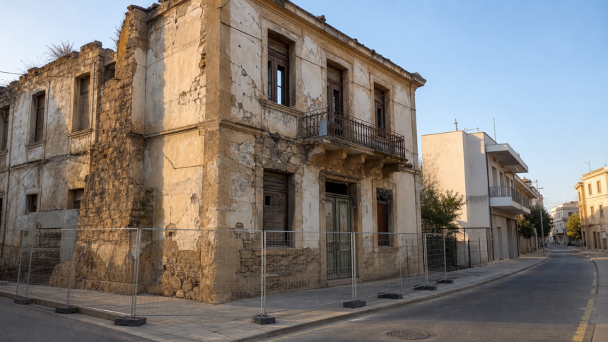 Παλαιά οικοδομή με εμφανείς φθορές και προστατευτική περίφραξη σε δρόμο της Λευκωσίας