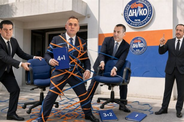 Σατιρικό φωτομοντάζ με τον Νικόλα Παπαδόπουλο, τον Μιχάλη Δαμιανό, τον Νεόφυτο Χαραλαμπίδη και τον Νίκο Χριστοδουλίδη έξω από τα γραφεία του ΔΗΚΟ