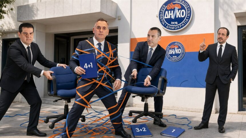 Σατιρικό φωτομοντάζ με τον Νικόλα Παπαδόπουλο, τον Μιχάλη Δαμιανό, τον Νεόφυτο Χαραλαμπίδη και τον Νίκο Χριστοδουλίδη έξω από τα γραφεία του ΔΗΚΟ