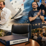 Σατιρικό κολάζ με τον Νίκο Χριστοδουλίδη σε κοινωνική εκδήλωση και στην κερκίδα, μπροστά από άδεια καρέκλα και φάκελο του Εθνικού Συμβουλίου