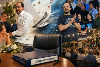 Σατιρικό κολάζ με τον Νίκο Χριστοδουλίδη σε κοινωνική εκδήλωση και στην κερκίδα, μπροστά από άδεια καρέκλα και φάκελο του Εθνικού Συμβουλίου