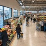 Μεγάλο σύγχρονο σούπερ μάρκετ με πελάτες, προσωπικό και χώρο τροφοδοσίας