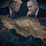 Συμβολική εικονογράφηση του Ντόναλντ Τραμπ και του Μπενιαμίν Νετανιάχου πάνω από χάρτη του Ιράν με κλειστά συνοριακά περάσματα