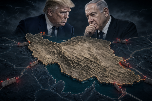 Συμβολική εικονογράφηση του Ντόναλντ Τραμπ και του Μπενιαμίν Νετανιάχου πάνω από χάρτη του Ιράν με κλειστά συνοριακά περάσματα