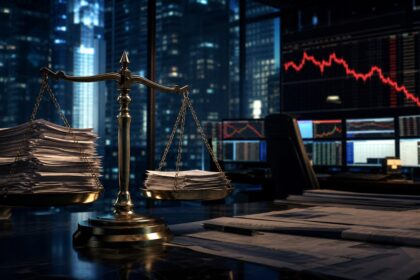 Χρηματοοικονομική ζυγαριά και οθόνες συναλλαγών στη Wall Street, εικονογράφηση για τον κίνδυνο μόχλευσης