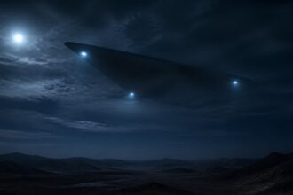 Εικονογράφηση μεγάλου τριγωνικού αγνώστου αντικειμένου σε νυχτερινό ουρανό για τα νέα αρχεία UFO του Πενταγώνου