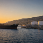 Δεξαμενόπλοιο καυσίμων προσεγγίζει παράκτιο τερματικό αποθήκευσης σε μεσογειακό τοπίο