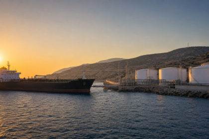 Δεξαμενόπλοιο καυσίμων προσεγγίζει παράκτιο τερματικό αποθήκευσης σε μεσογειακό τοπίο