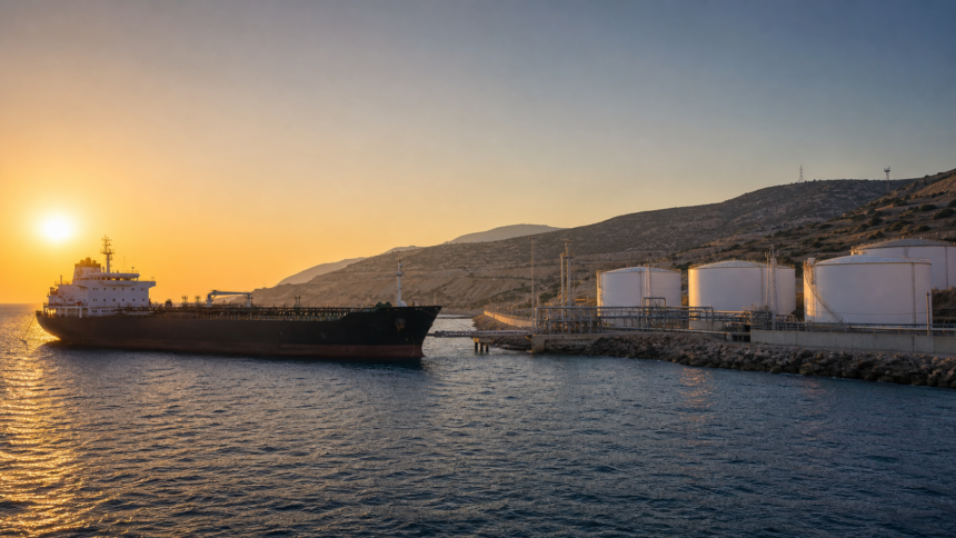 Δεξαμενόπλοιο καυσίμων προσεγγίζει παράκτιο τερματικό αποθήκευσης σε μεσογειακό τοπίο