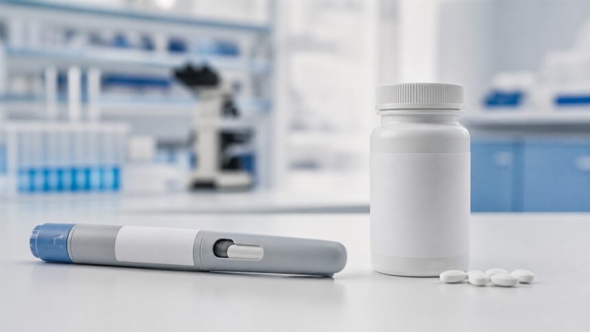 Από την ένεση στο χάπι: Η νέα φάση της μάχης Novo Nordisk–Eli Lilly – καθαρή editorial απεικόνιση