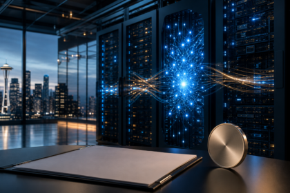 Data center και αφηρημένο δίκτυο τεχνητής νοημοσύνης για τη στρατηγική συμφωνία Amazon και OpenAI