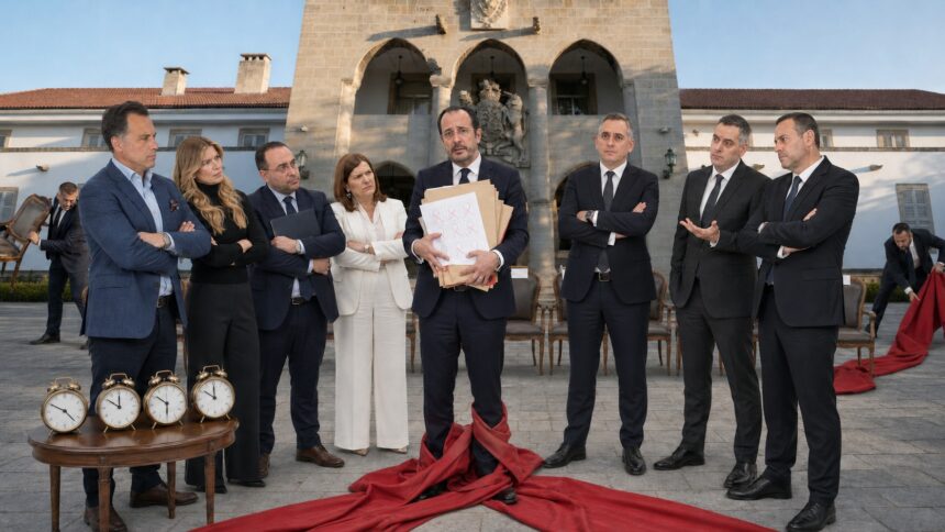 Σατιρική πολιτική εικονογράφηση με τον Νίκο Χριστοδουλίδη στο κέντρο έξω από το Προεδρικό και επτά πρόσωπα του ανασχηματισμού να τον κοιτούν απογοητευμένα