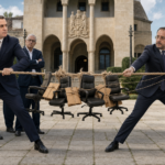 Σατιρική πολιτική σύνθεση με τον Νικόλα Παπαδόπουλο και τον Νίκο Χριστοδουλίδη να τραβούν ένα σχοινί που ξηλώνεται, με καρέκλες διορισμών Ημικρατικών στη μέση