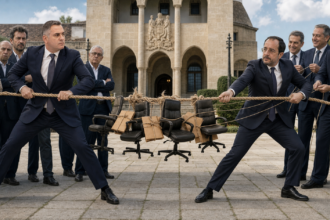 Σατιρική πολιτική σύνθεση με τον Νικόλα Παπαδόπουλο και τον Νίκο Χριστοδουλίδη να τραβούν ένα σχοινί που ξηλώνεται, με καρέκλες διορισμών Ημικρατικών στη μέση