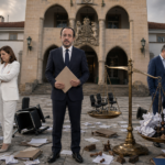Σατιρική πολιτική εικονογράφηση με τον Νίκο Χριστοδουλίδη μπροστά από το Προεδρικό, αναποδογυρισμένες υπουργικές καρέκλες και μια ζυγαριά που γέρνει προς το πολιτικό κόστος