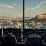 Αθηναϊκή αίθουσα συναλλαγών με θέα την Ακρόπολη και ανοδική αγορά