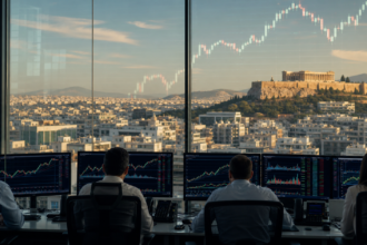 Αθηναϊκή αίθουσα συναλλαγών με θέα την Ακρόπολη και ανοδική αγορά