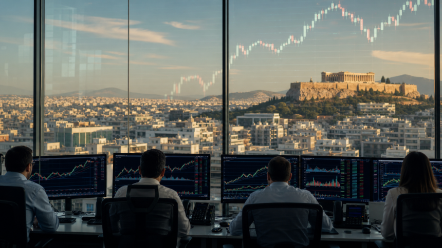 Αθηναϊκή αίθουσα συναλλαγών με θέα την Ακρόπολη και ανοδική αγορά