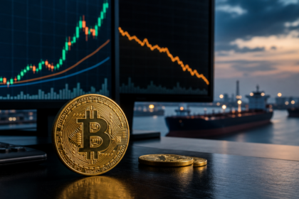 Bitcoin μπροστά από διάγραμμα χρηματοοικονομικής αγοράς