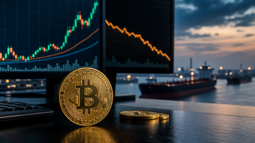 Bitcoin μπροστά από διάγραμμα χρηματοοικονομικής αγοράς